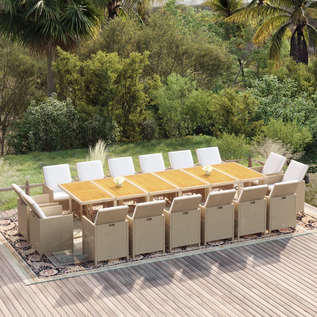 spisebordssæt til haven 17 dele med hynder polyrattan beige