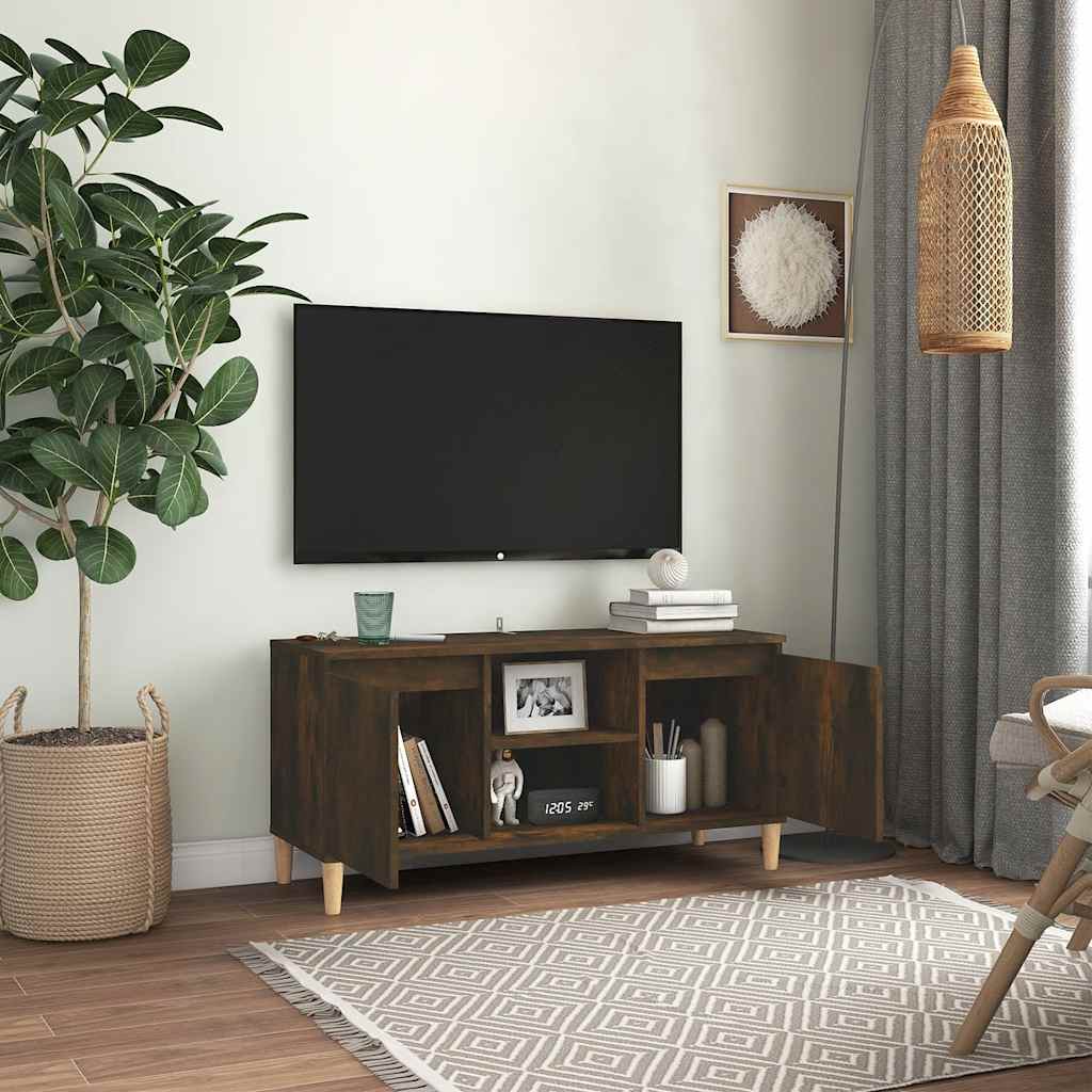 tv-bord med massive træben 103,5x35x50 cm røget egetræsfarve