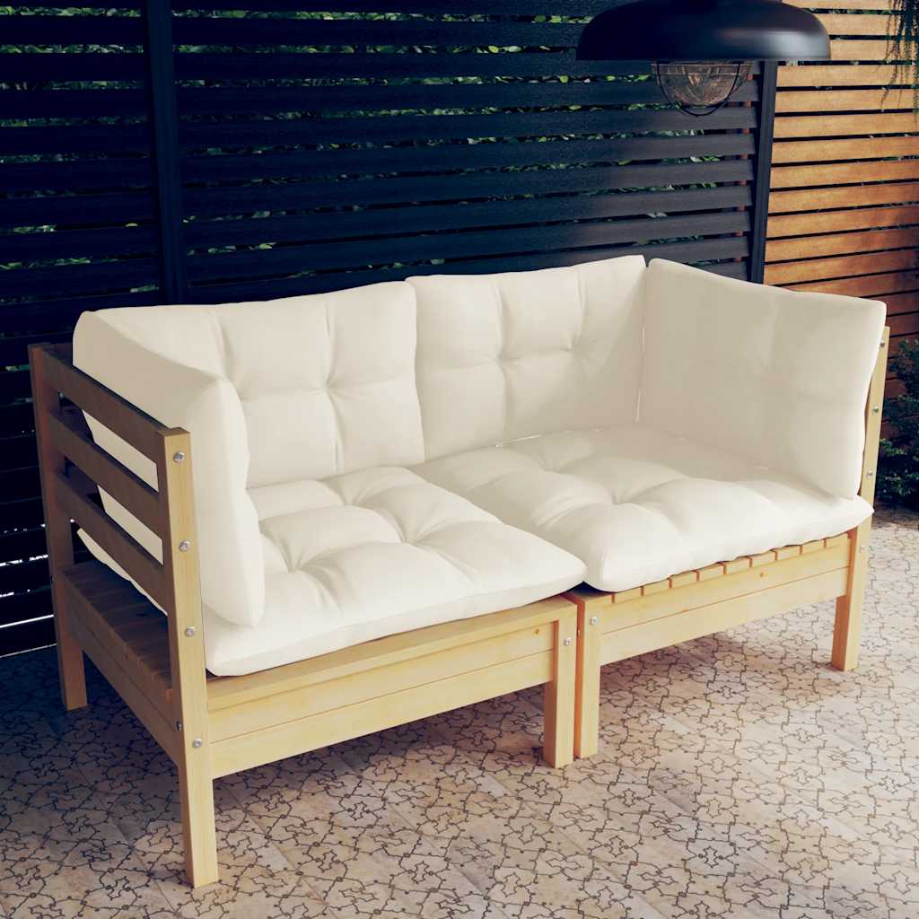 2-personers havesofa med cremefarvede hynder massivt fyrretræ