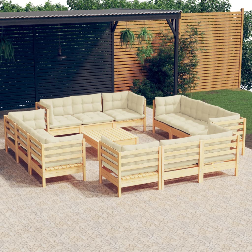 loungesæt til haven 13 dele cremefarvede hynder fyrretræ