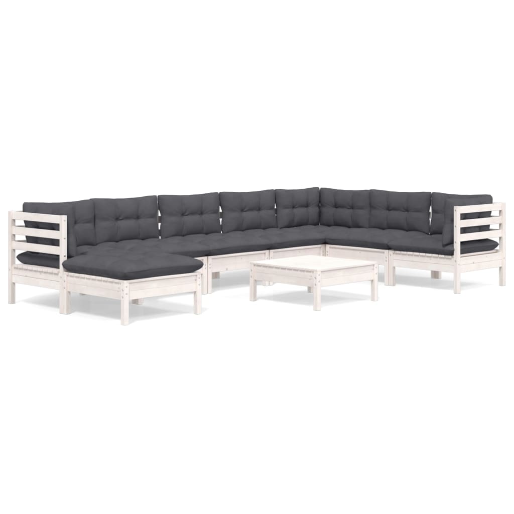 loungesæt til haven 9 dele med hynder massivt fyrretræ hvid