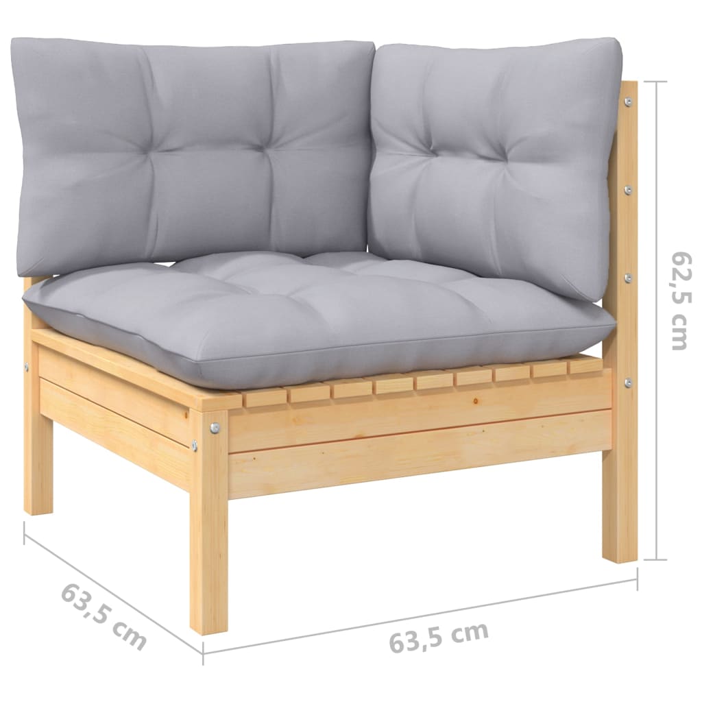 loungesæt til haven 9 dele med grå hynder massivt fyrretræ
