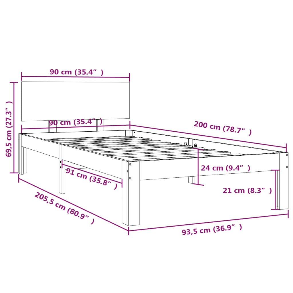 sengeramme 90x200 cm massivt fyrretræ grå