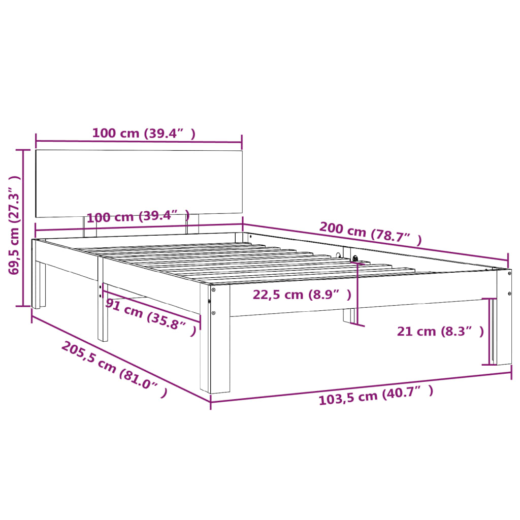 sengeramme 100x200 cm massivt fyrretræ hvid