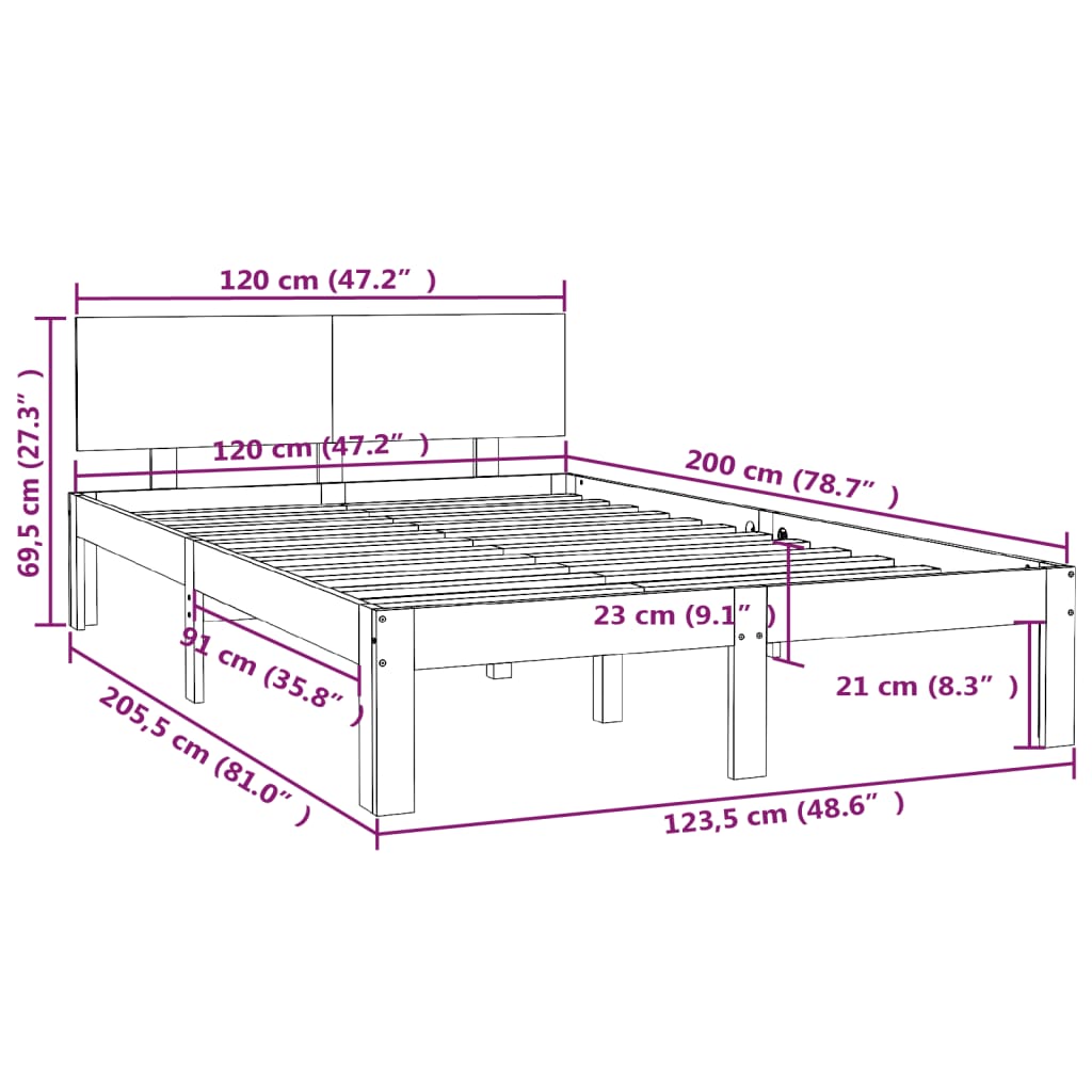 sengeramme 120x200 cm massivt fyrretræ hvid