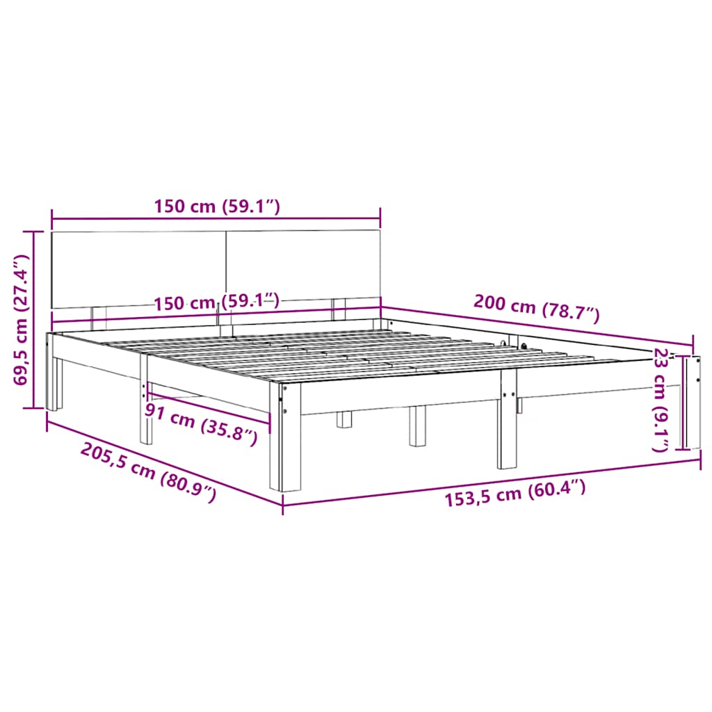 sengeramme 150x200 cm King Size massivt fyrretræ hvid