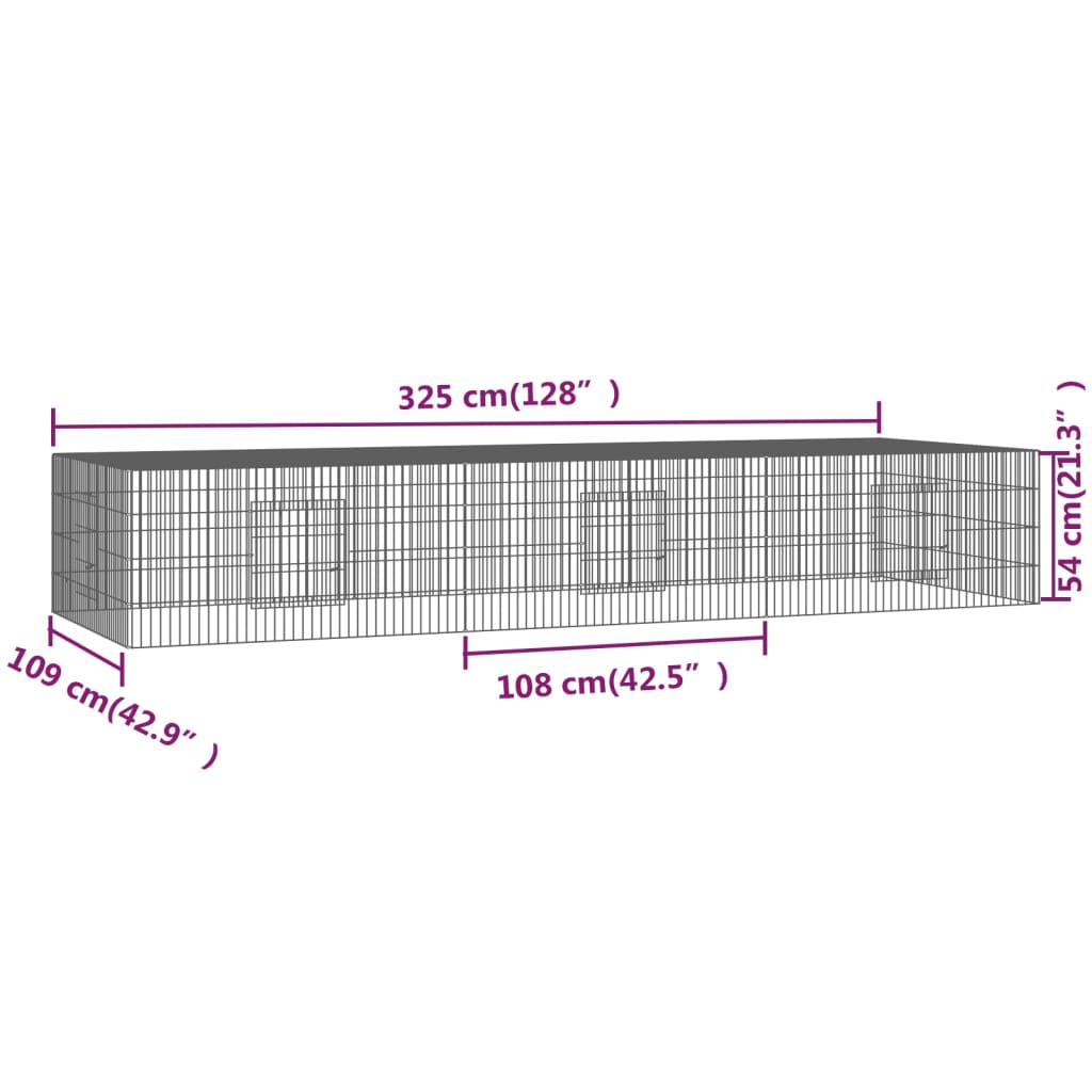 3-panels kaninbur 325x109x54 cm galvaniseret jern