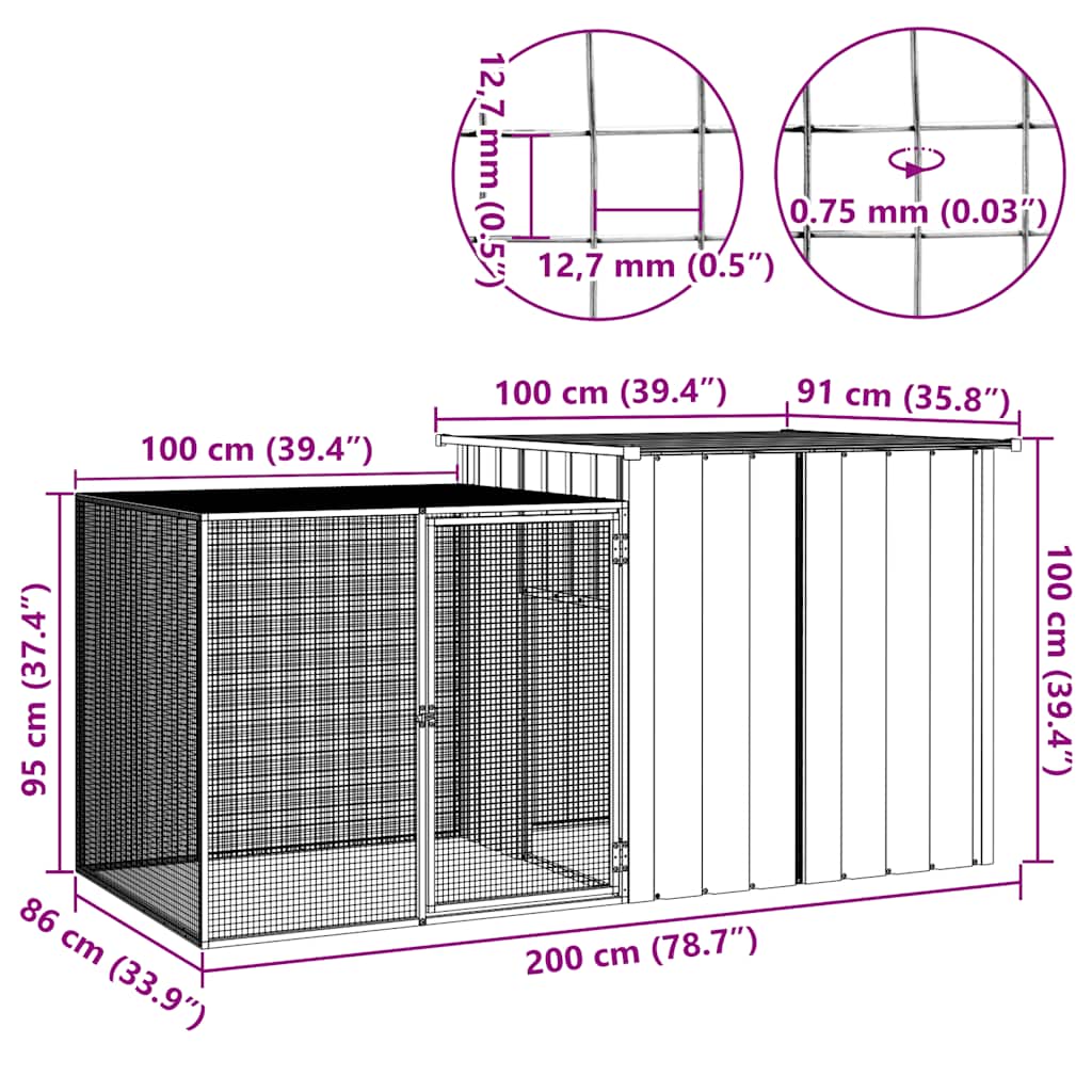 hønsehus 200x91x100 cm galvaniseret stål antracitgrå