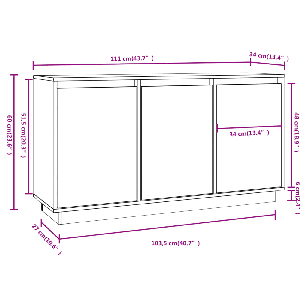 skænk 111x34x60 cm massivt fyrretræ hvid