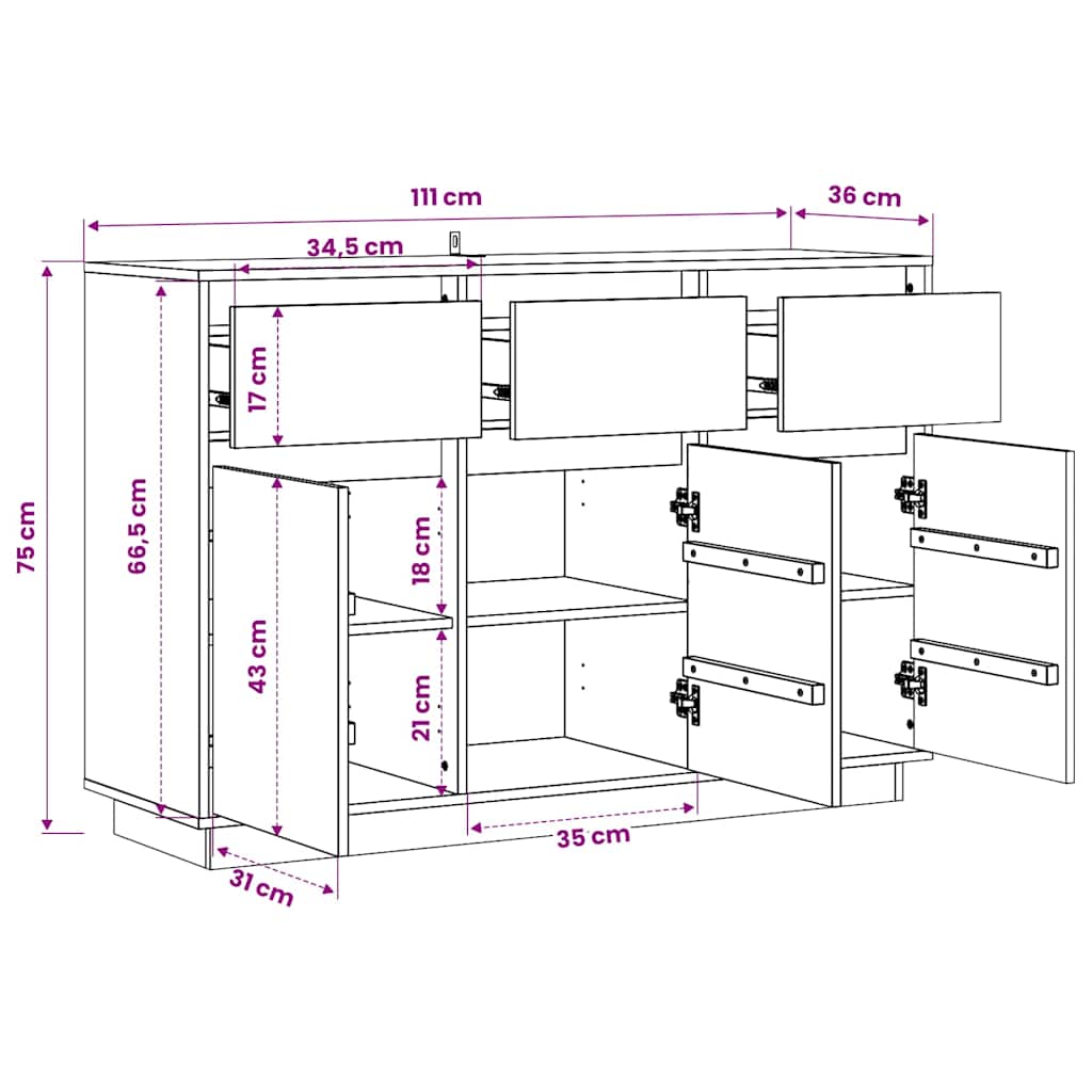 skænk 111x36x75 cm massivt fyrretræ