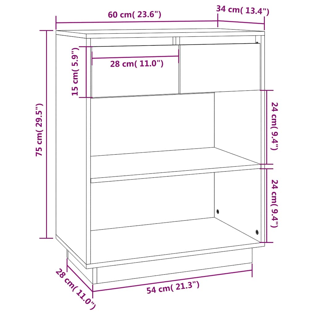 konsolskab 60x34x75 cm massivt fyrretræ hvid
