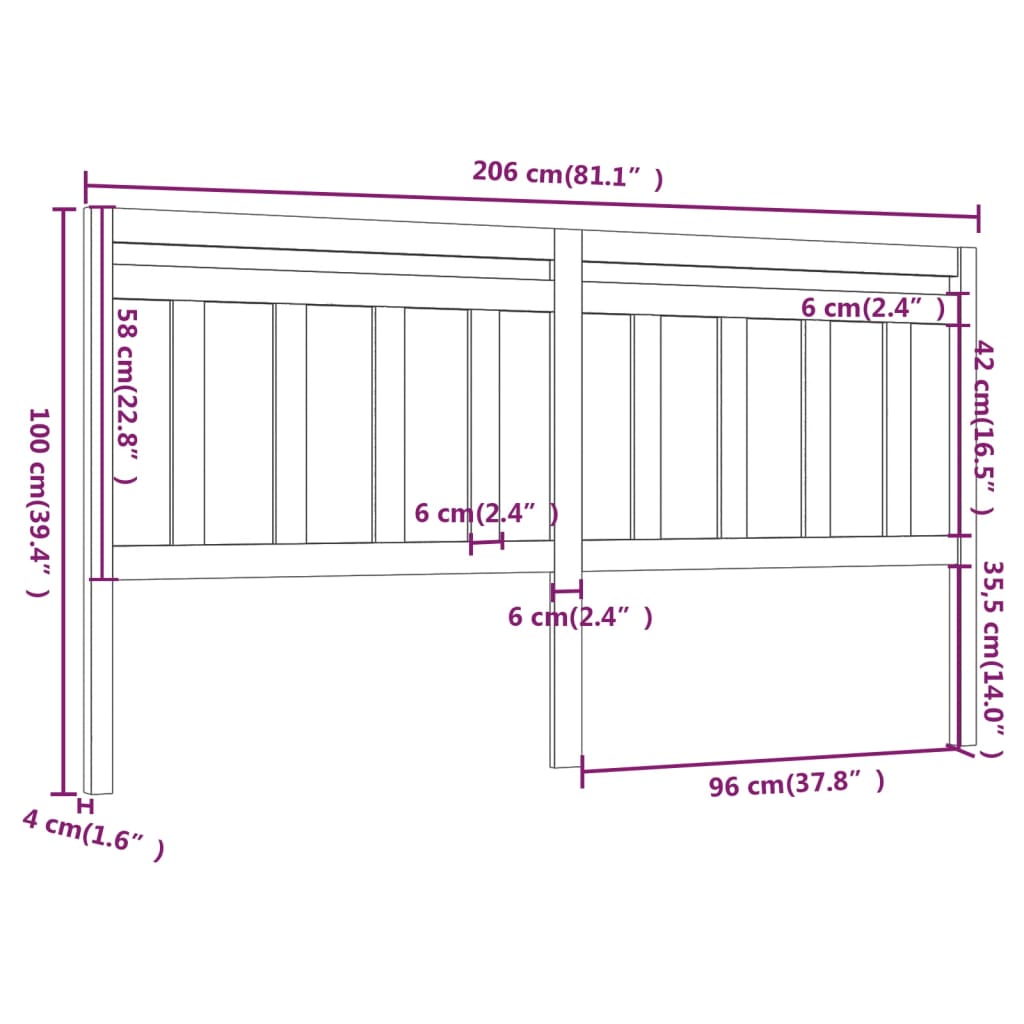 sengegærde 206x4x100 cm massivt fyrretræ sort