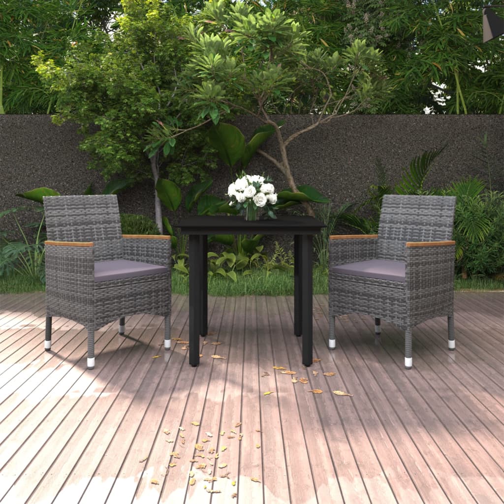 spisebordssæt til haven 3 dele med hynder polyrattan og glas