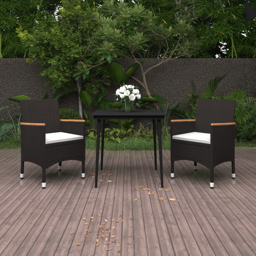 spisebordssæt til haven 3 dele med hynder polyrattan og glas