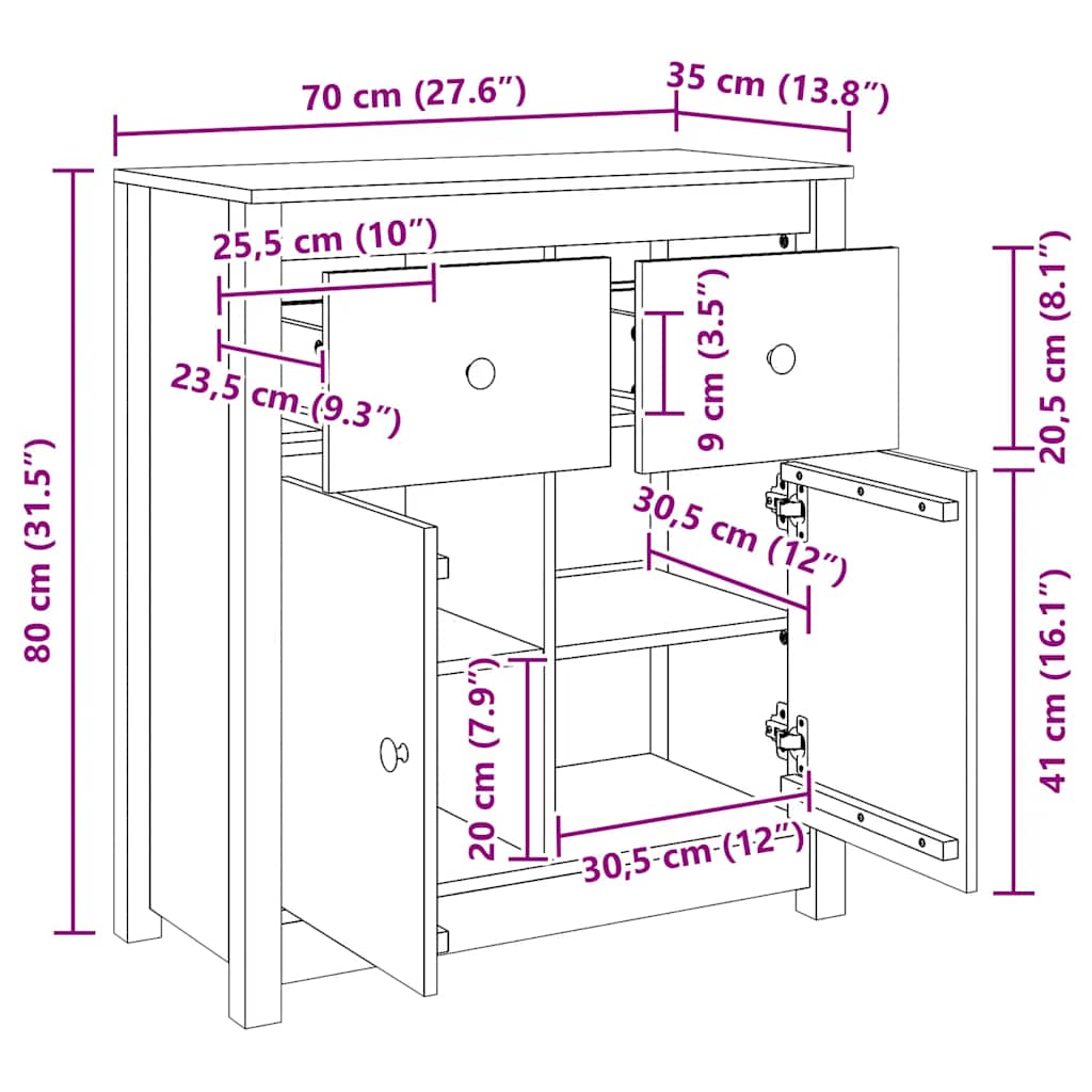skænk 70x35x80 cm massivt fyrretræ hvid