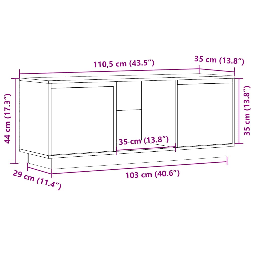 tv-bord 110,5x35x44 cm massivt fyrretræ hvid