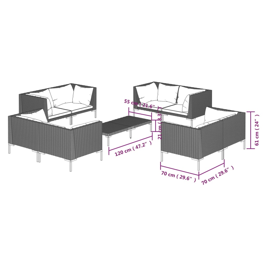loungesæt til haven 9 dele med hynder polyrattan mørkegrå