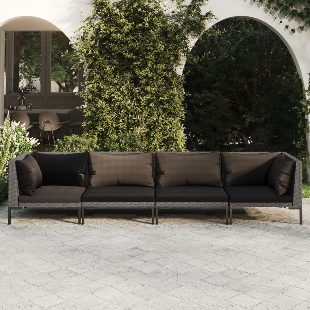 loungesæt til haven 4 dele med hynder polyrattan mørkegrå