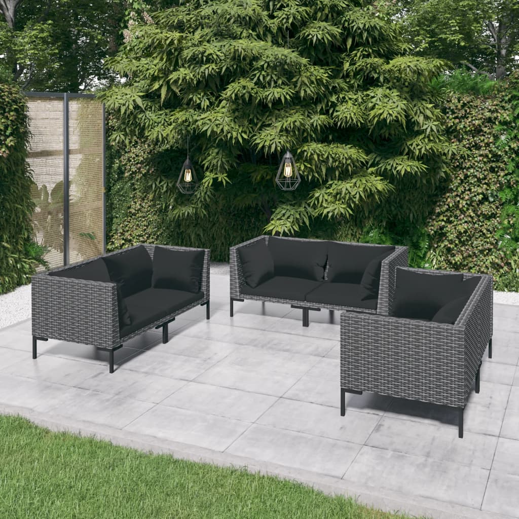 loungesæt til haven 6 dele med hynder polyrattan mørkegrå
