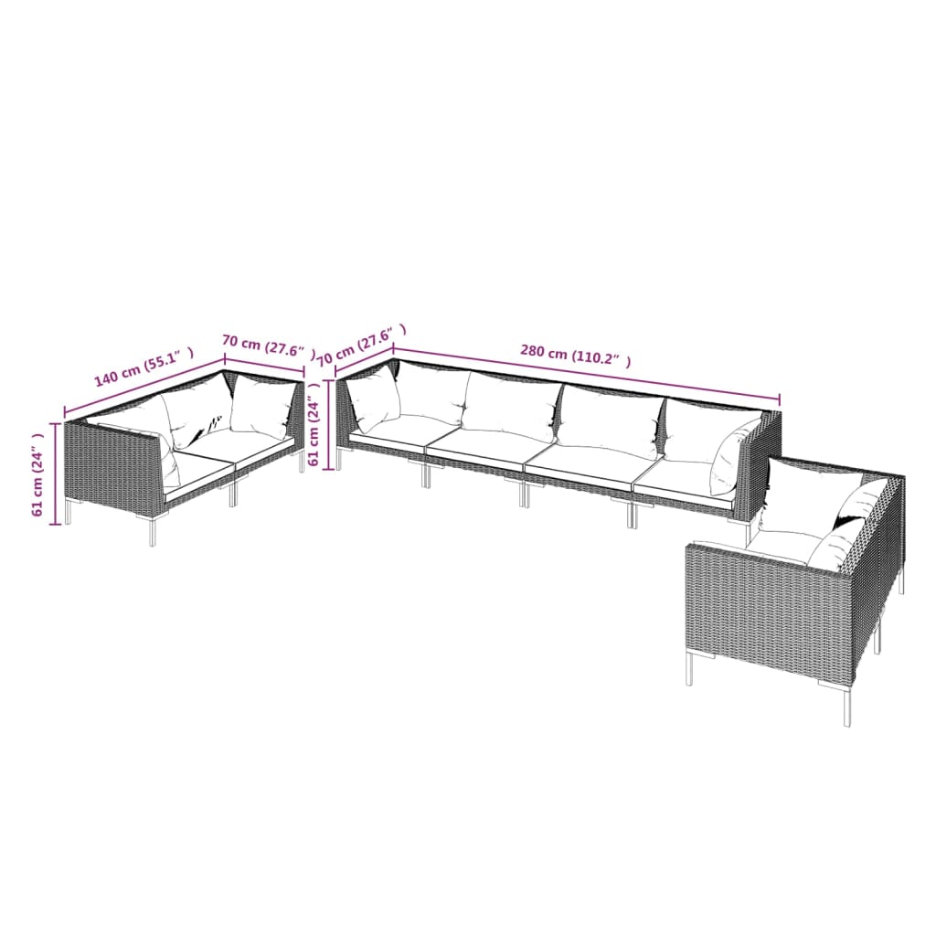 loungesæt til haven 8 dele med hynder polyrattan mørkegrå