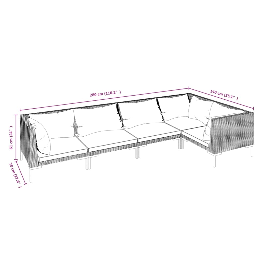 loungesæt til haven 5 dele med hynder polyrattan mørkegrå