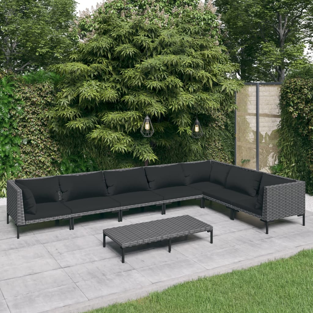 loungesæt til haven 8 dele med hynder polyrattan mørkegrå