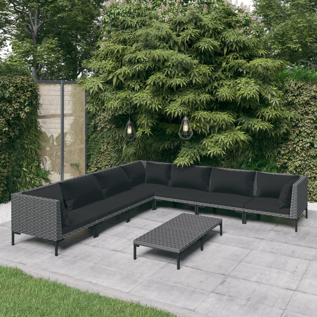 loungesæt til haven 8 dele med hynder polyrattan mørkegrå