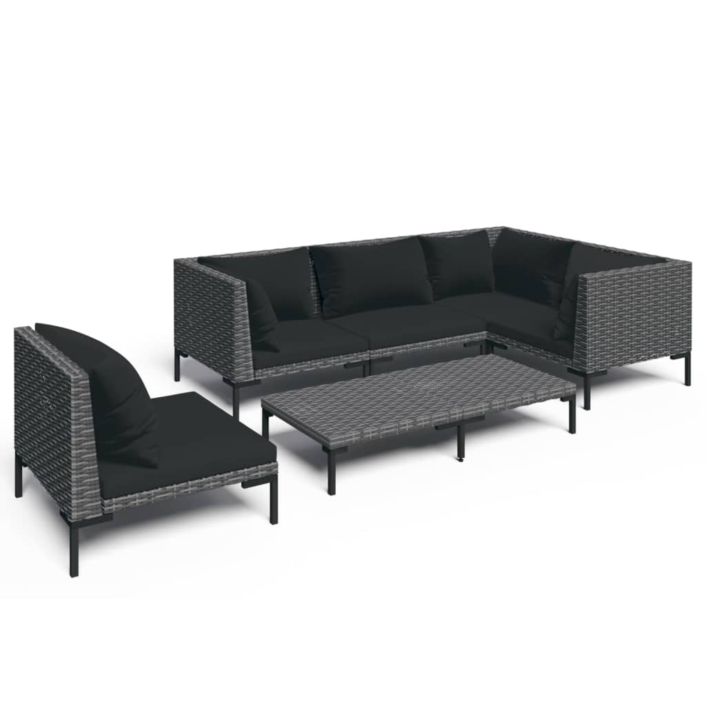 loungesæt til haven 6 dele med hynder polyrattan mørkegrå