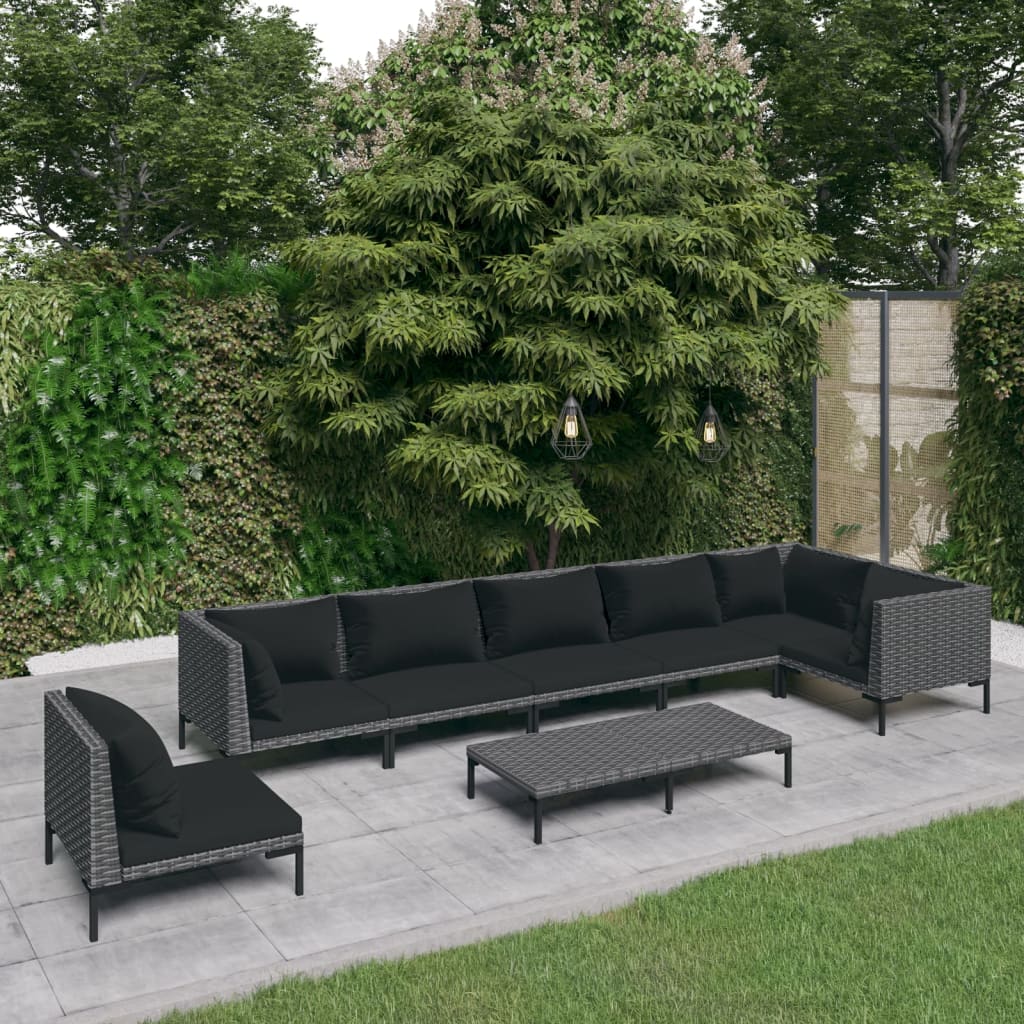 loungesæt til haven 8 dele med hynder polyrattan mørkegrå