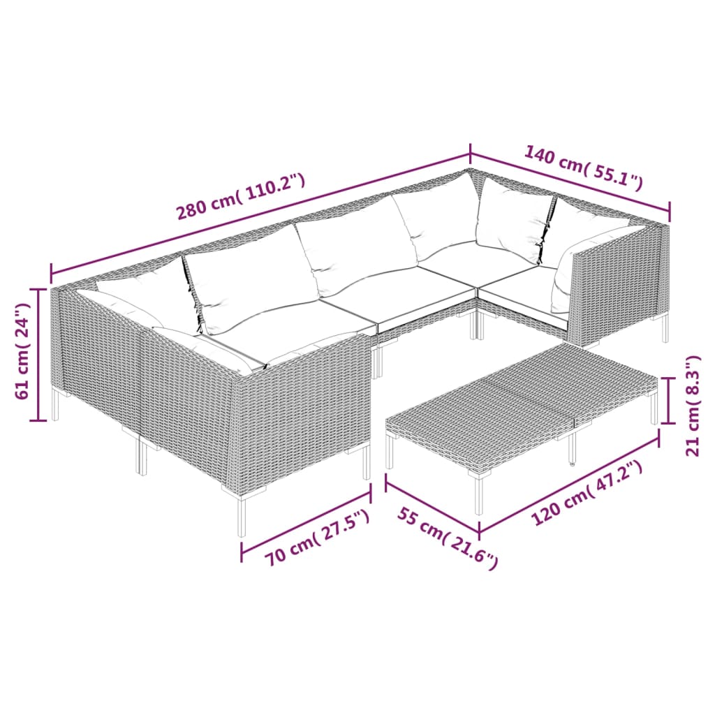 loungesæt til haven 7 dele med hynder polyrattan mørkegrå