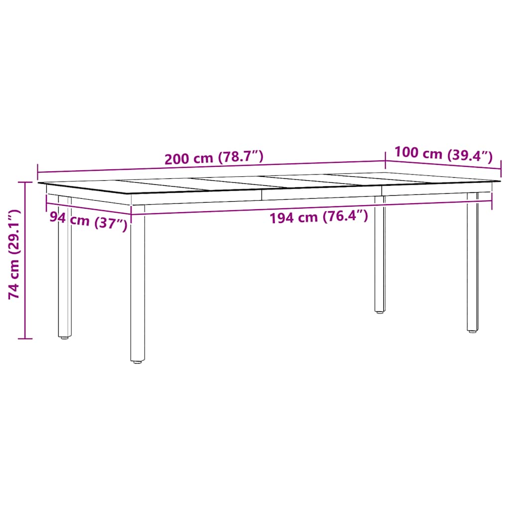 havebord 200x100x74 cm stål og glas sort