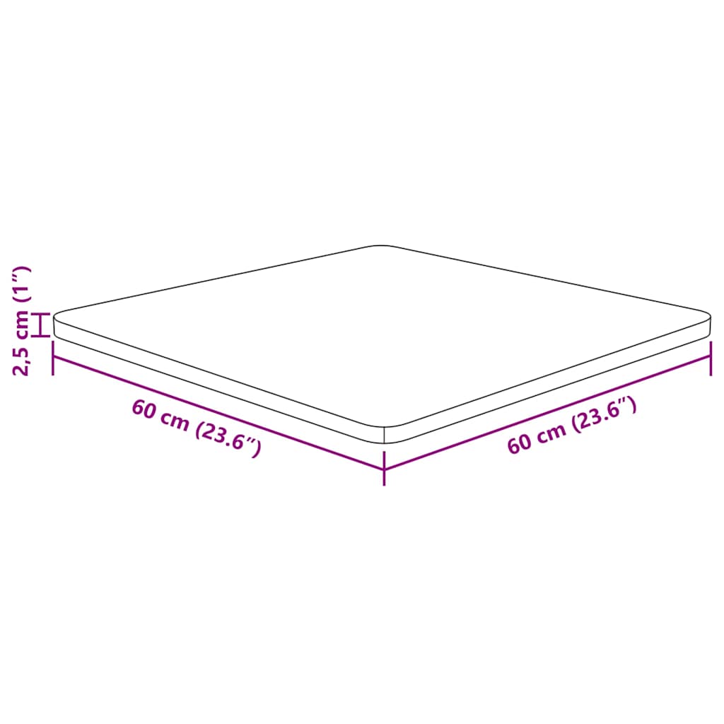 firkantet bordplade 60x60x2,5 cm ubehandlet massivt egetræ
