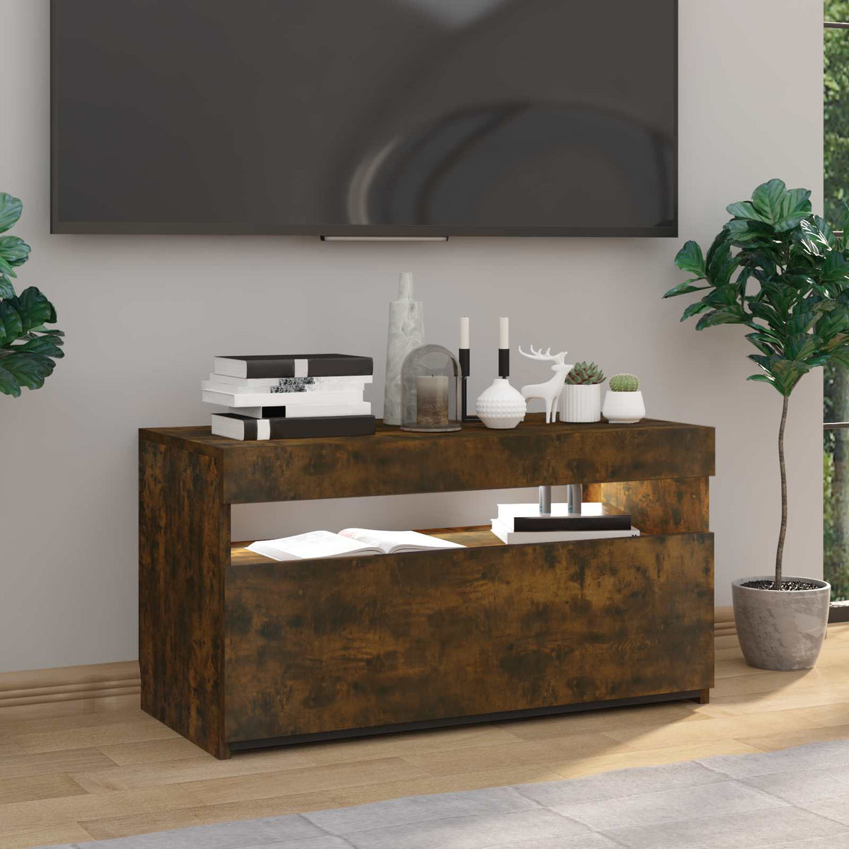 tv-bord med LED-lys 75x35x40 cm røget egetræsfarve