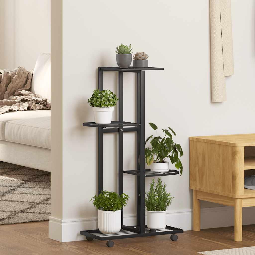 blomsterstativ 4 niveauer med hjul 44x23x80 cm jern sort