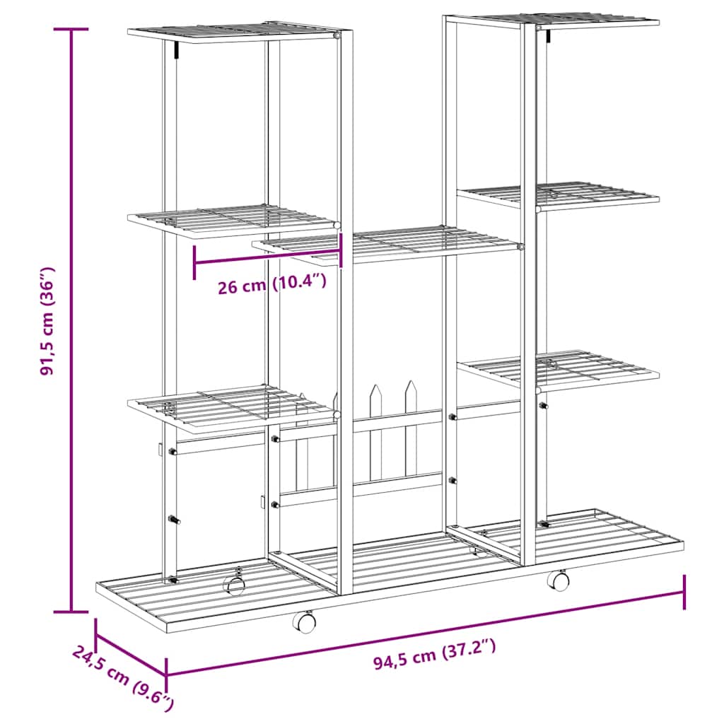 blomsterstativ med hjul 94,5x24,5x91,5 cm jern sort