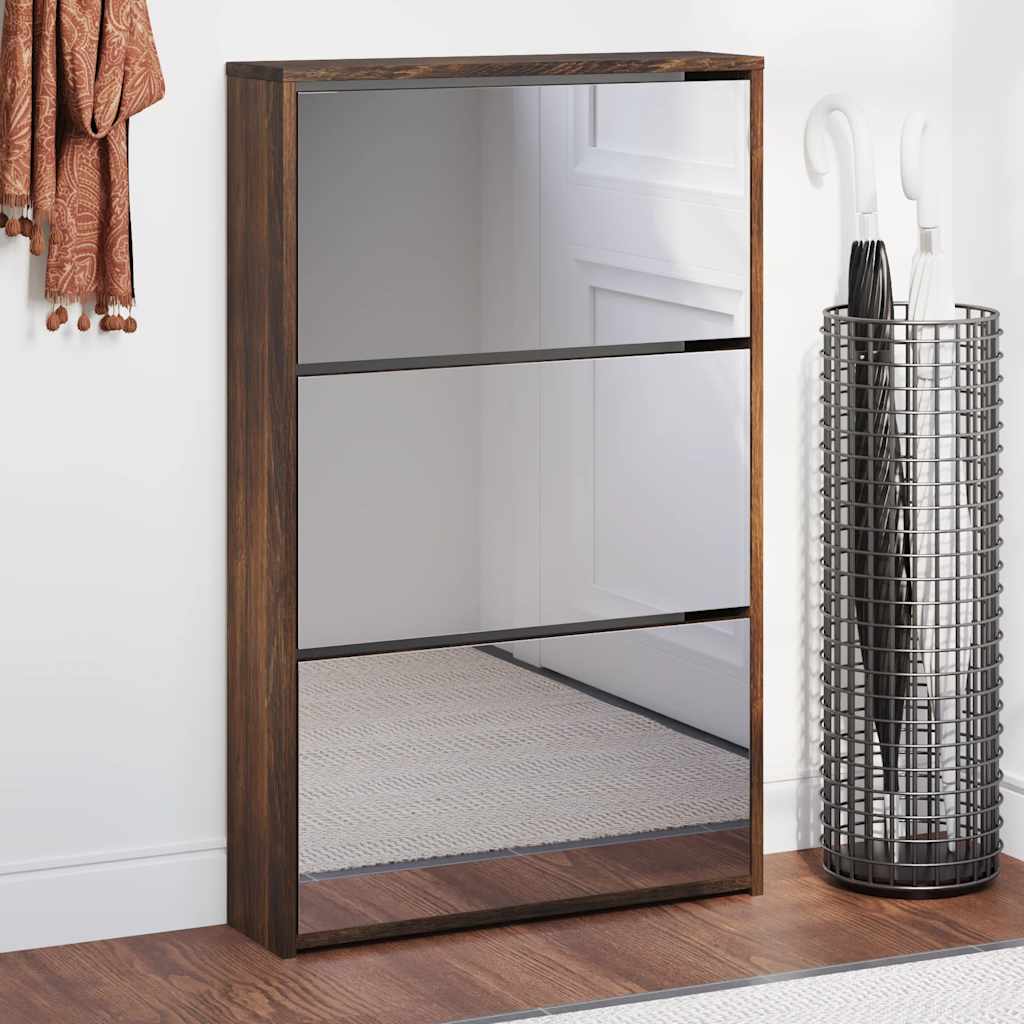 skoskab med spejl 3 hylder 63x17x102,5 cm røget egetræsfarve