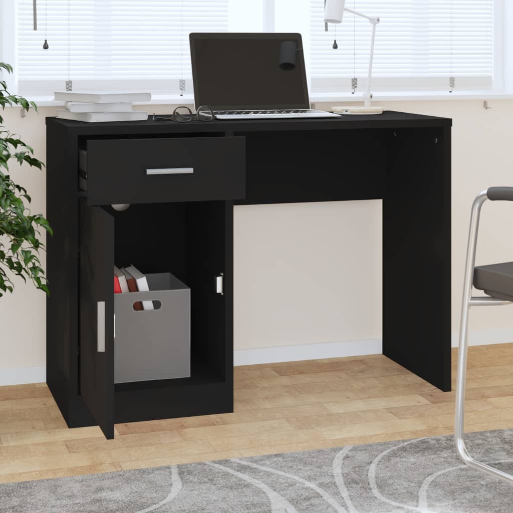 skrivebord med skuffe og skab 100x40x73 cm konstrueret træ sort