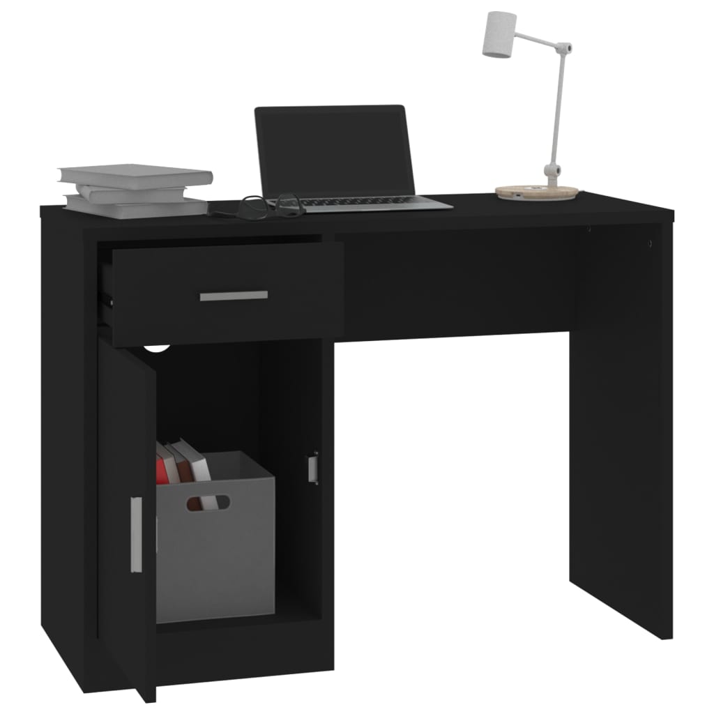 skrivebord med skuffe og skab 100x40x73 cm konstrueret træ sort