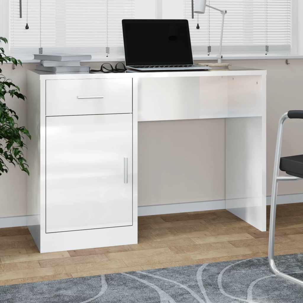 skrivebord m. skab 100x40x73 cm konstrueret træ hvid højglans