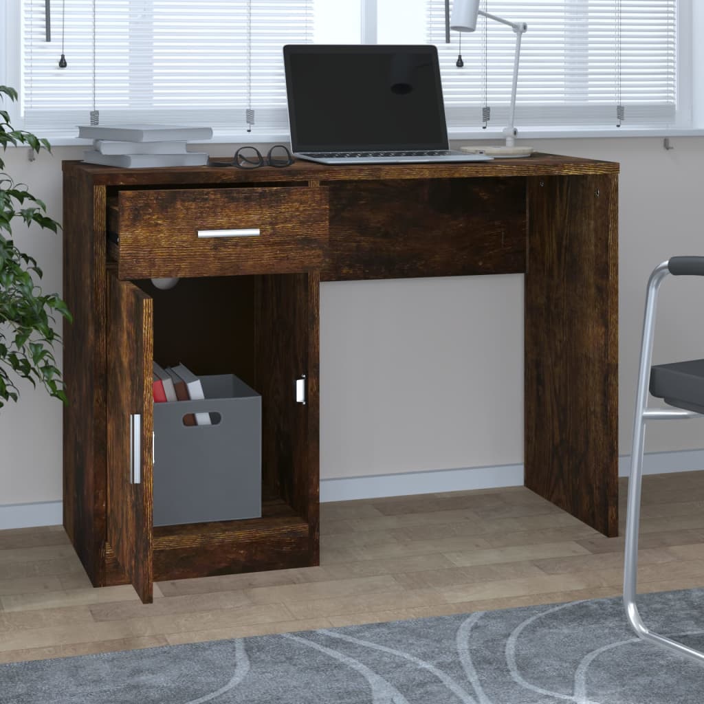 skrivebord med skab 100x40x73 cm konstrueret træ røget egetræ
