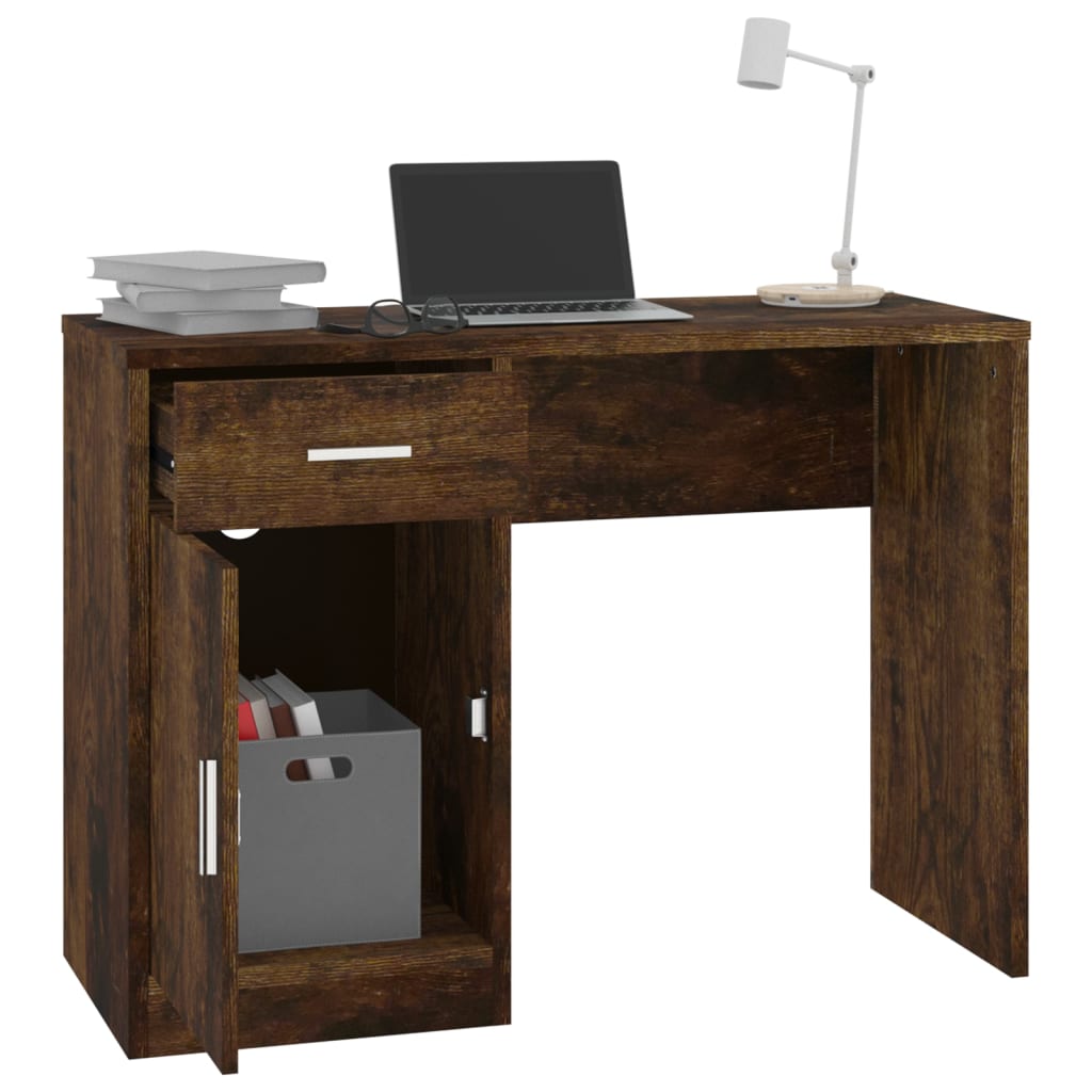 skrivebord med skab 100x40x73 cm konstrueret træ røget egetræ