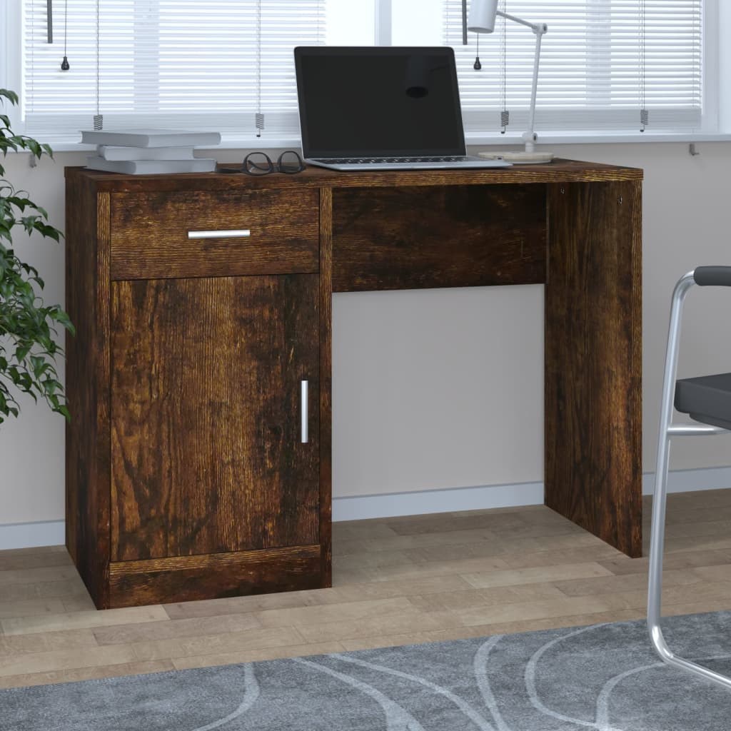 skrivebord med skab 100x40x73 cm konstrueret træ røget egetræ