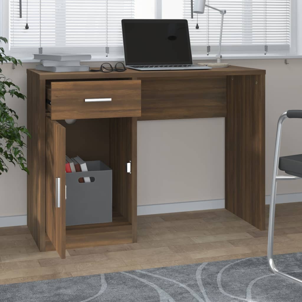skrivebord med skab 100x40x73 cm konstrueret træ brunt egetræ