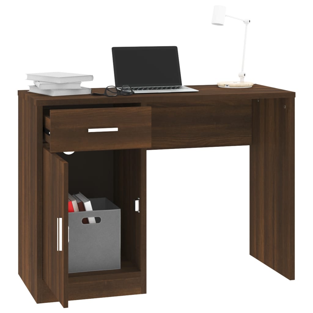 skrivebord med skab 100x40x73 cm konstrueret træ brunt egetræ
