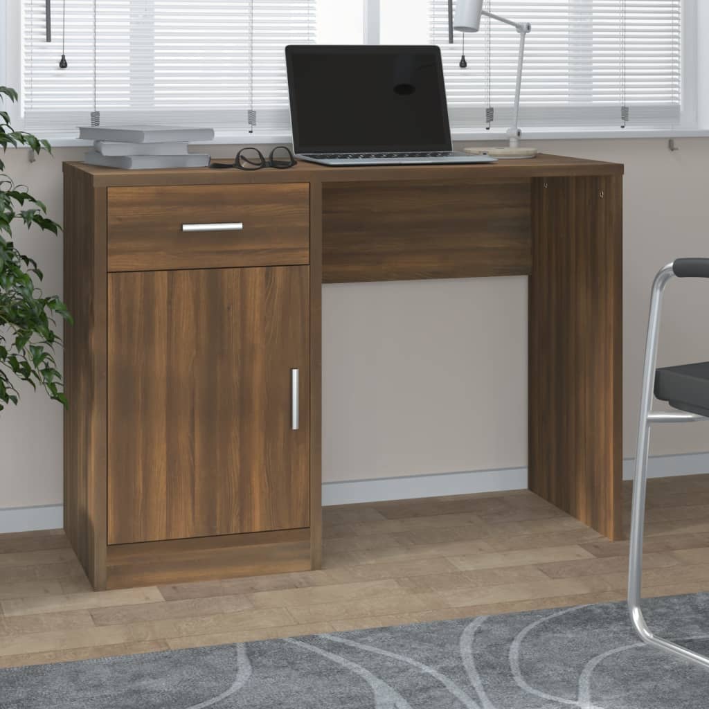 skrivebord med skab 100x40x73 cm konstrueret træ brunt egetræ