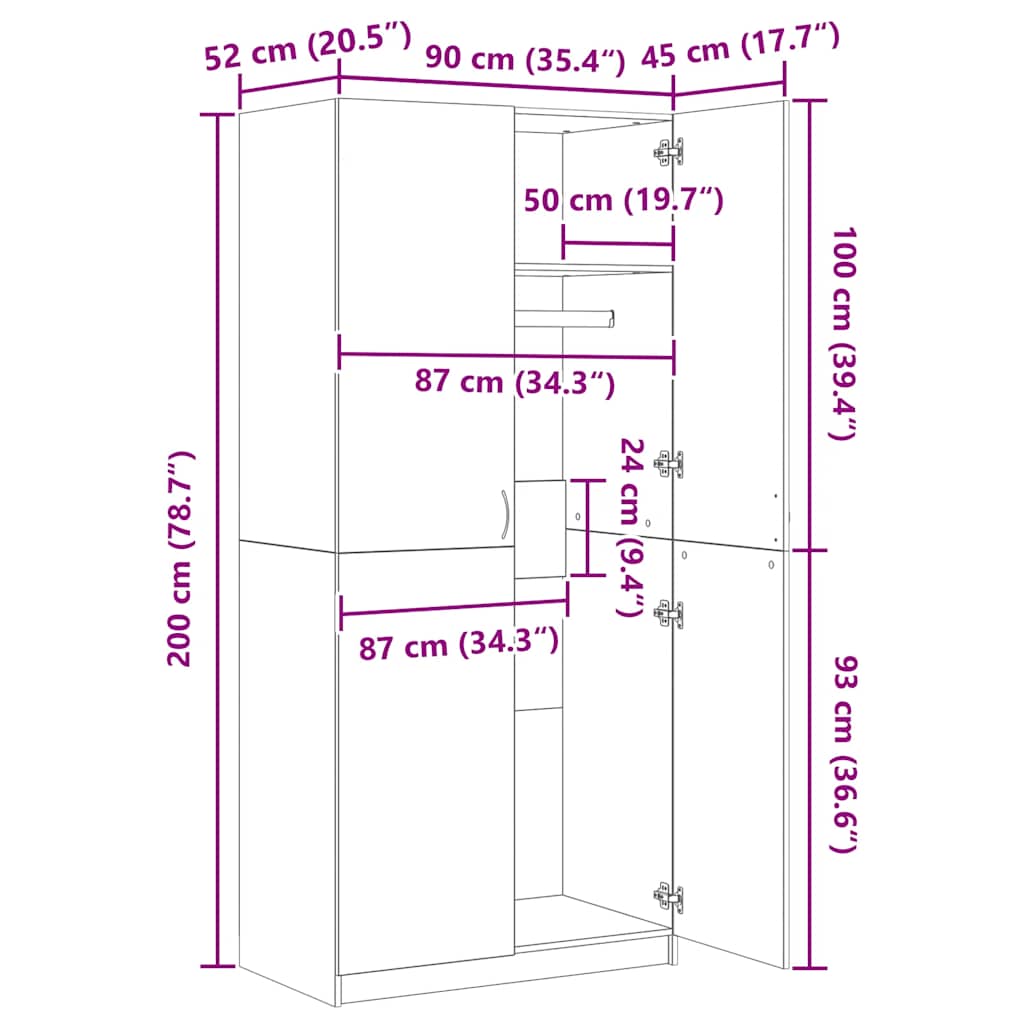garderobeskab 90x52x200 cm konstrueret træ grå sonoma-eg