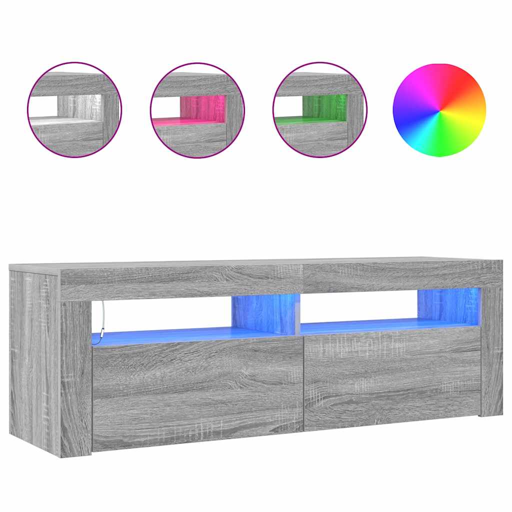 tv-bord med LED-lys 120x35x40 cm grå sonoma-eg