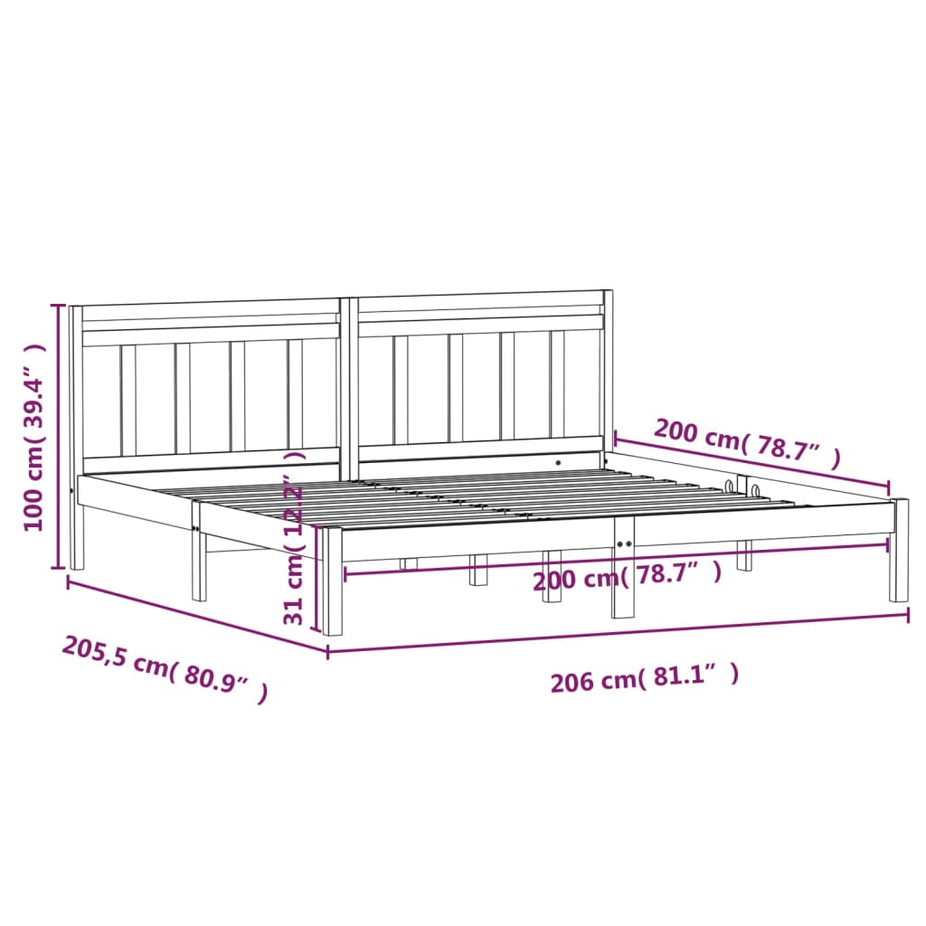 sengeramme 200x200 cm massivt fyrretræ sort