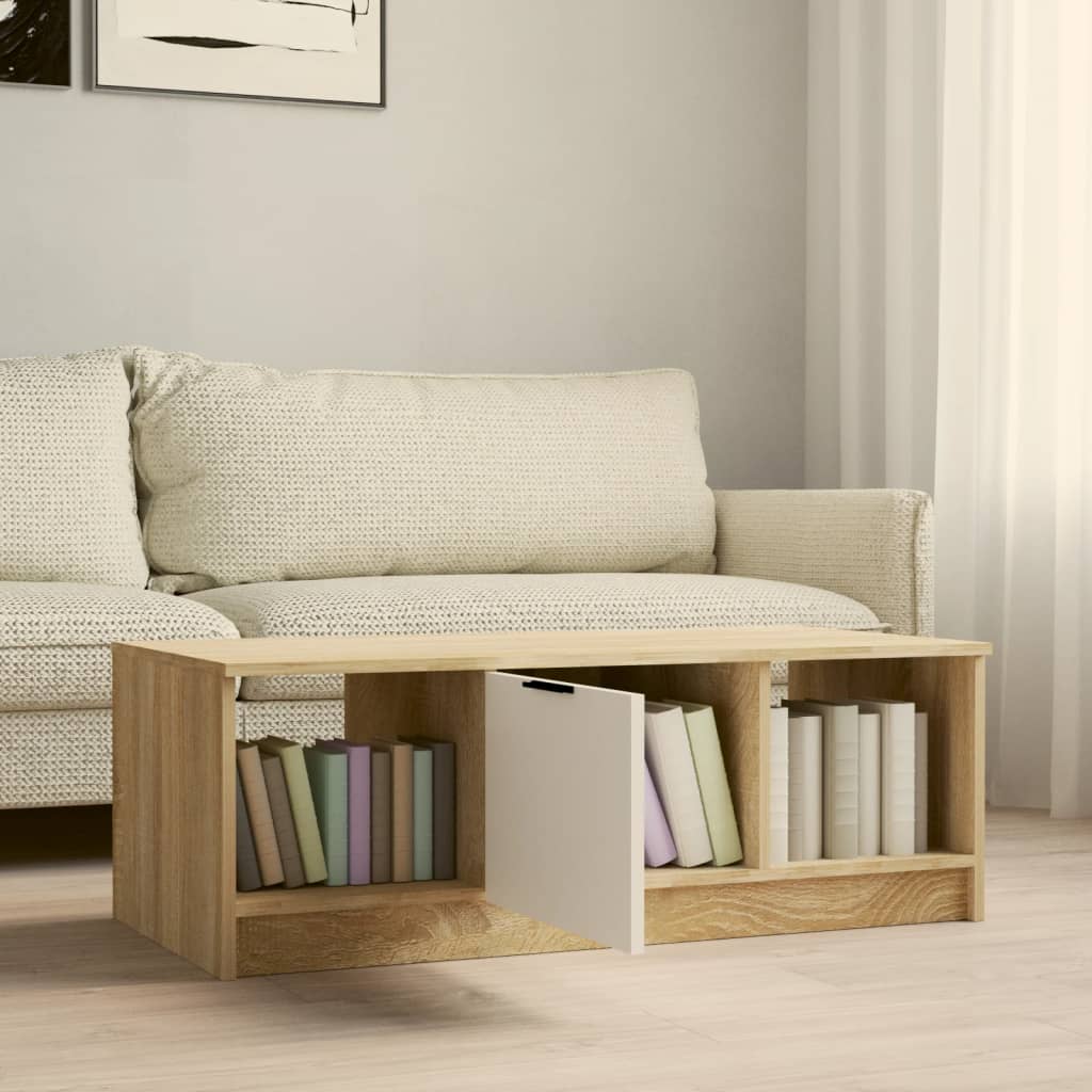 sofabord 102x50x36 cm konstrueret træ hvid og sonoma-eg