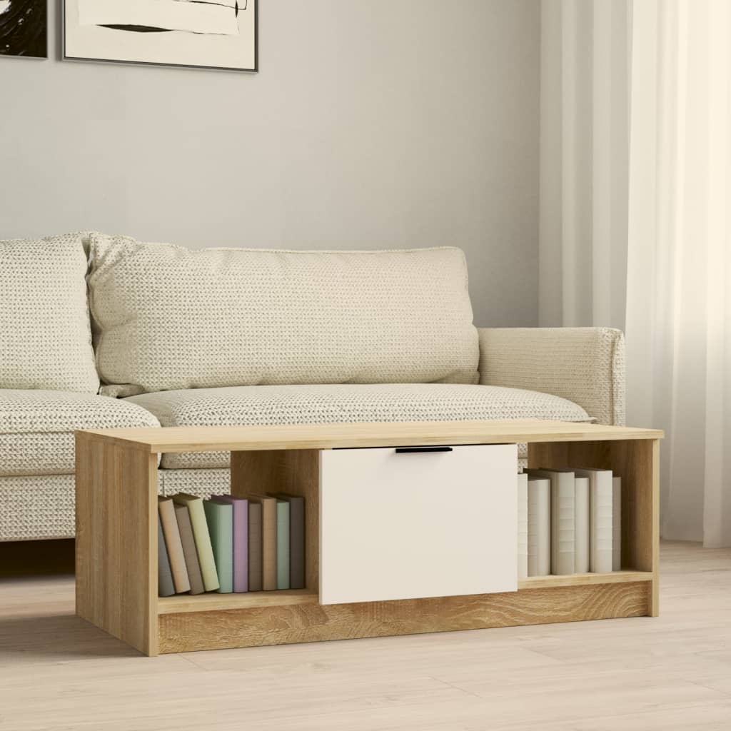 sofabord 102x50x36 cm konstrueret træ hvid og sonoma-eg